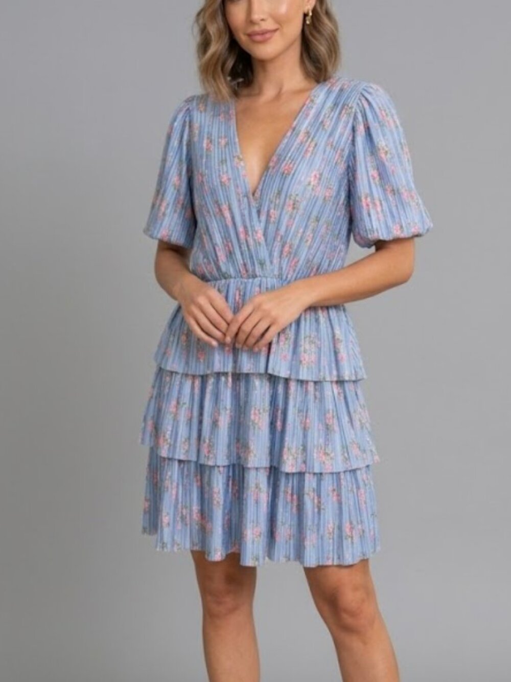 Wayf NEW Blue floral Satin pleated Tiered layer Cottagecore Mini Dress XL